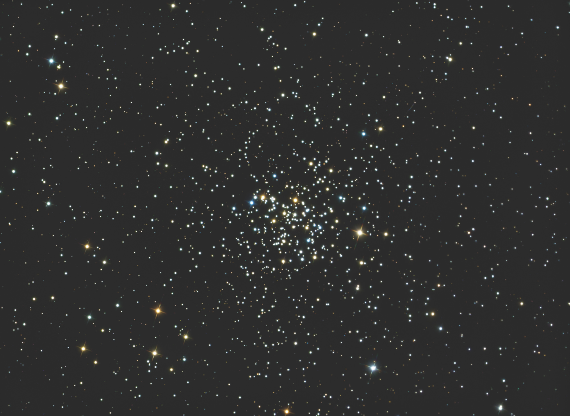 Messier 67 is a collection of over 500 stars that are loosely gravitationally bound. It is the oldest open cluster in the Messier catalog. It is approximately 4 billion years of age, about the same as our Sun.